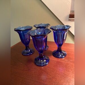 Anchor Hocking Cobalt Blue Tulip Ice Cream Sundae Glasses Set of 4 Vintage